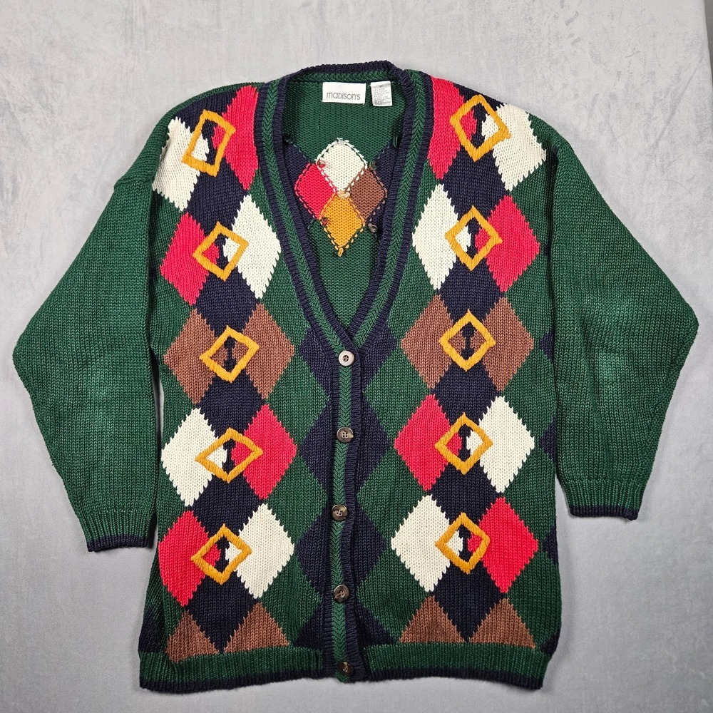 Vintage Cardigan Sweater Women's Medium Green Argyle Chunky Knit Grandma‎ 90s
